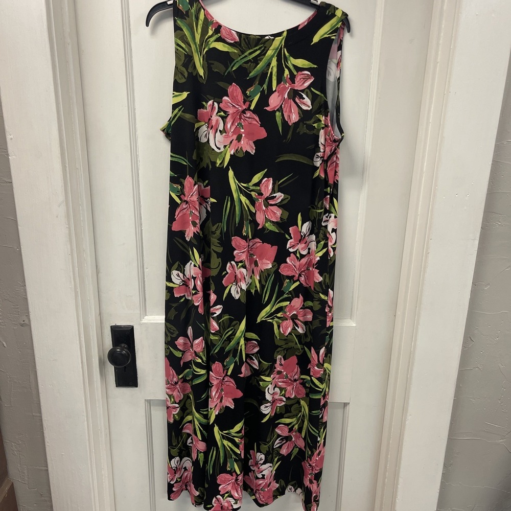 Susan Graver Maxi Dress Stretch Pockets Black Floral Sleeveless XL